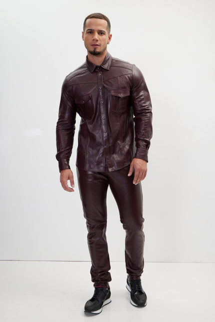 Men's Lambskin Leather Pants - Wine | Ron Tomson