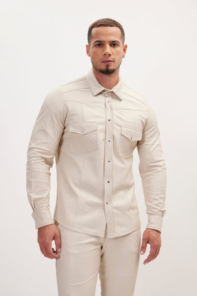Men's Lambskin Leather Shirt - Beige | Ron Tomson
