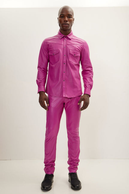 Men's Lambskin Leather Pants - Fuchsia | Ron Tomson