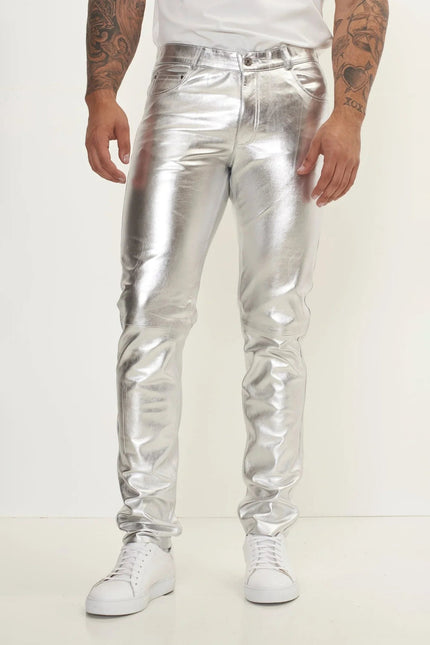 Men's Lambskin Leather Pants - Silver | Ron Tomson