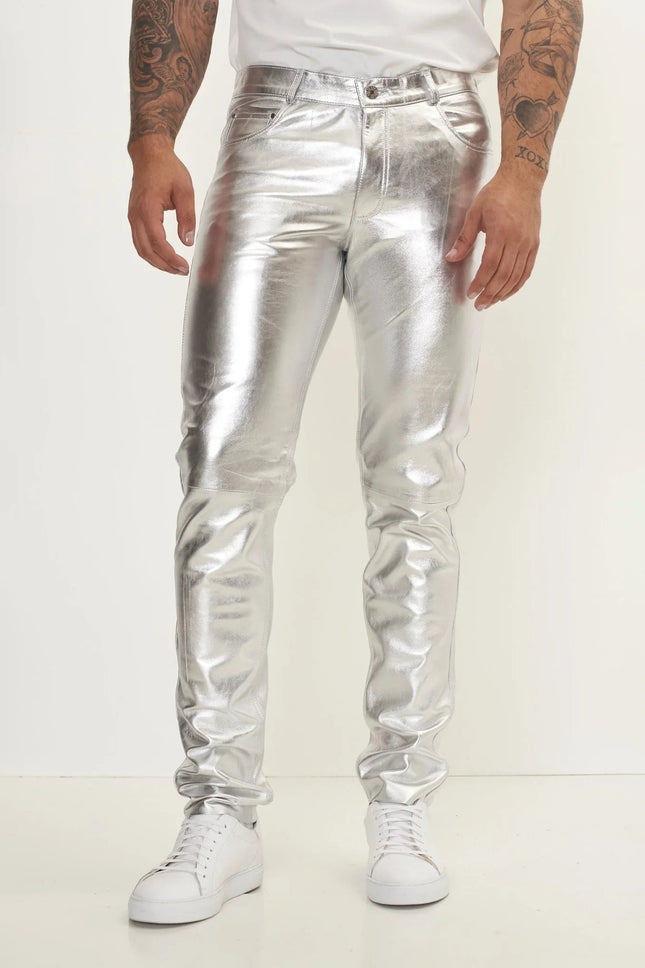 Men's Lambskin Leather Pants - Silver | Ron Tomson