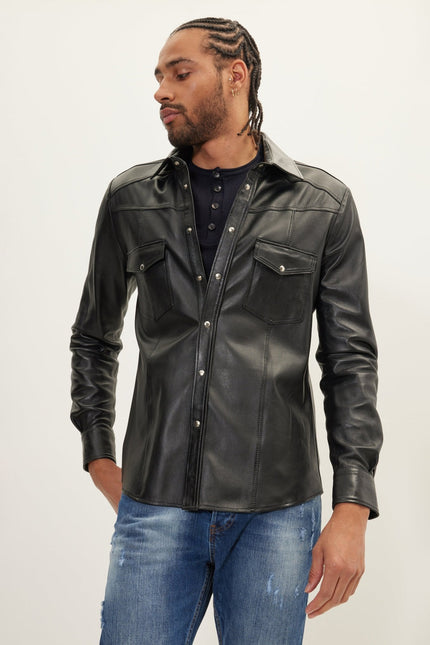 Men's Lambskin Leather Shirt - Black | Ron Tomson