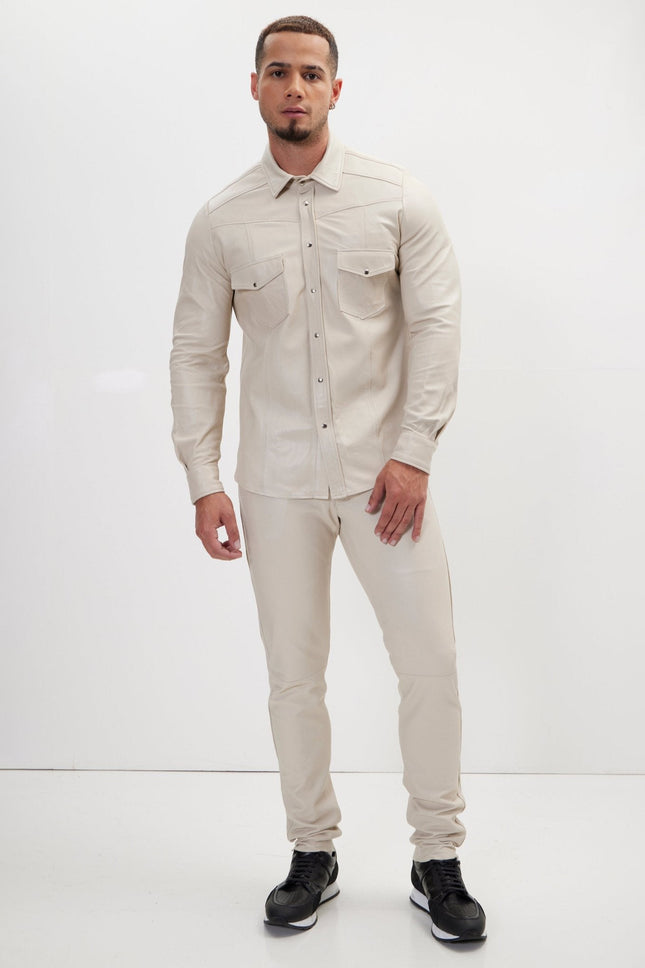 Men's Lambskin Leather Shirt - Beige | Ron Tomson