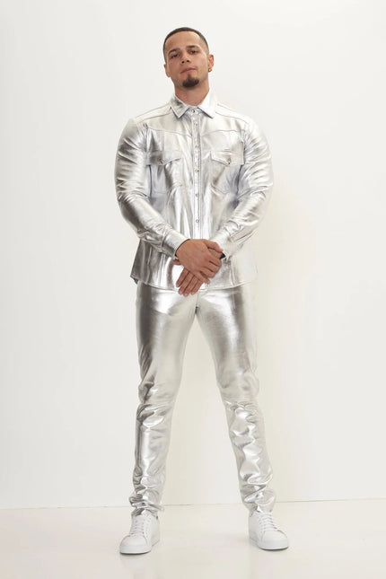 Men's Lambskin Leather Pants - Silver | Ron Tomson