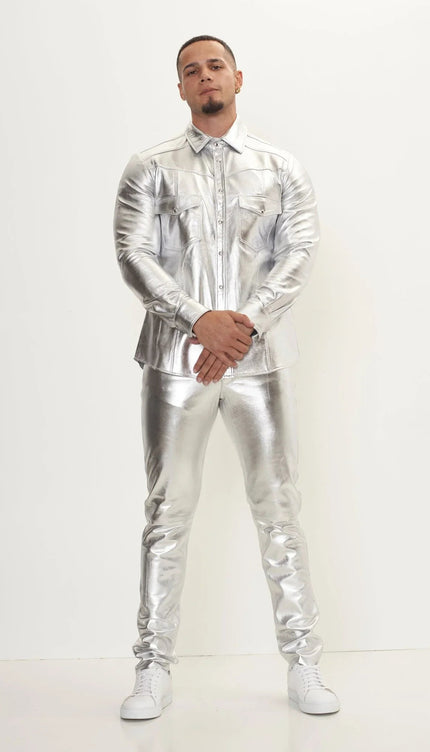 Lambskin Leather Pants - Silver | Ron Tomson Silver / Waist 38
