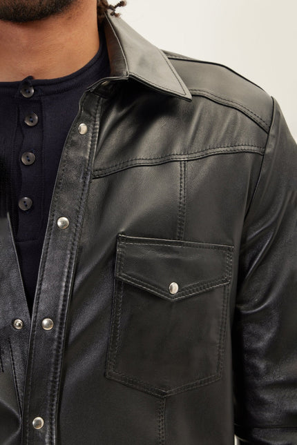 Men's Lambskin Leather Shirt - Black | Ron Tomson