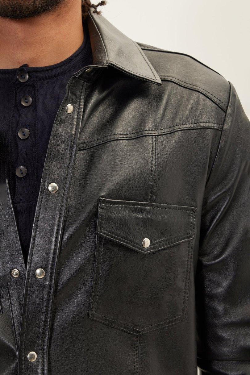 Men's Lambskin Leather Shirt - Black | Ron Tomson