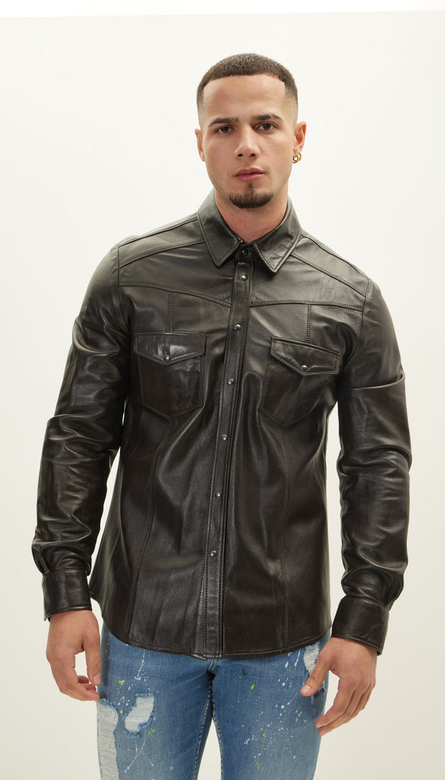 Western Lambskin Leather Shirt - Dark Brown