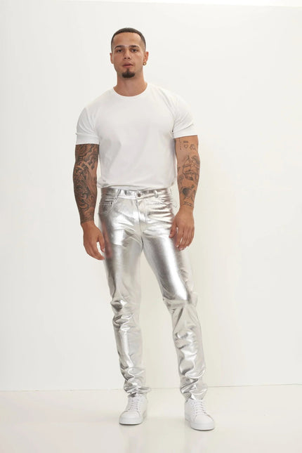 Men's Lambskin Leather Pants - Silver | Ron Tomson