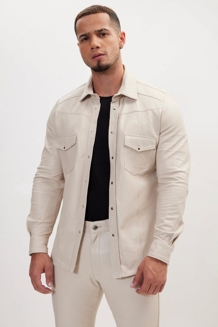 Men's Lambskin Leather Shirt - Beige | Ron Tomson