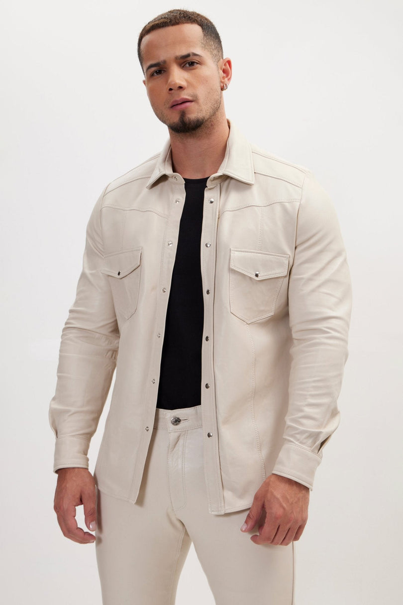 Men's Lambskin Leather Shirt - Beige | Ron Tomson