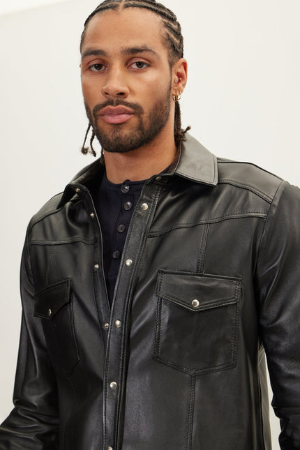 Men's Lambskin Leather Shirt - Black | Ron Tomson