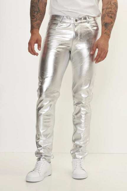 Men's Lambskin Leather Pants - Silver | Ron Tomson