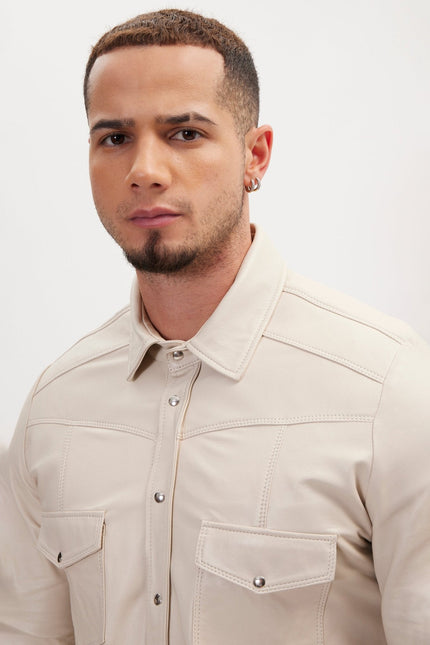 Men's Lambskin Leather Shirt - Beige | Ron Tomson