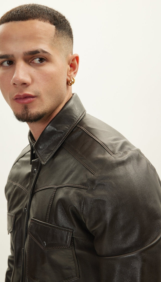 Western Lambskin Leather Shirt - Dark Brown