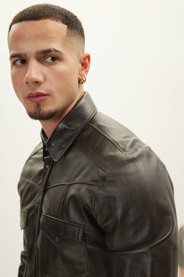 Men's Western Lambskin Leather Shirt - Dark Brown | Ron Tomson