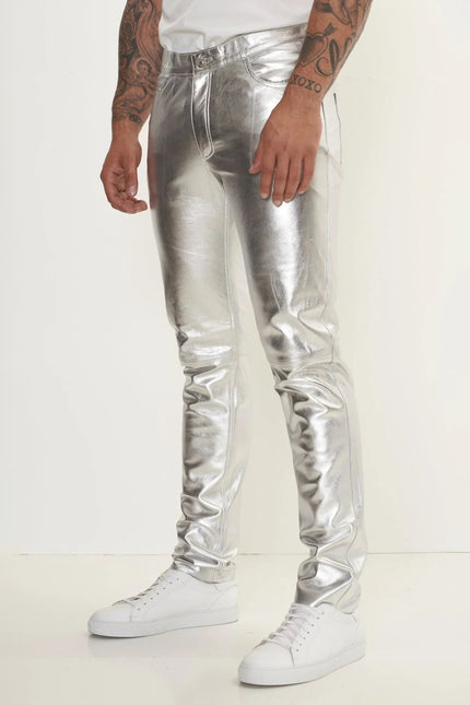 Men's Lambskin Leather Pants - Silver | Ron Tomson
