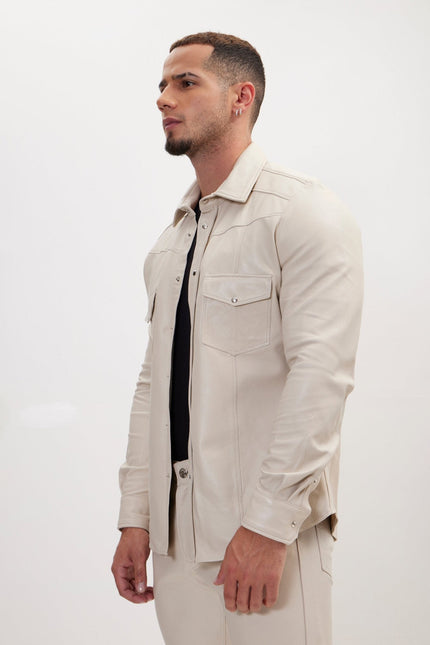 Men's Lambskin Leather Shirt - Beige | Ron Tomson