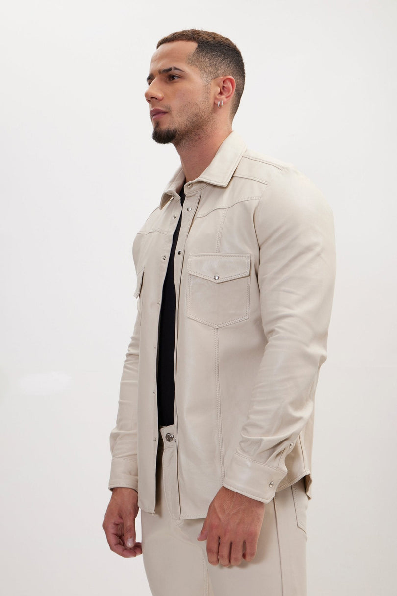 Men's Lambskin Leather Shirt - Beige | Ron Tomson