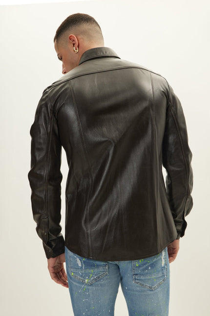 Men's Western Lambskin Leather Shirt - Dark Brown | Ron Tomson