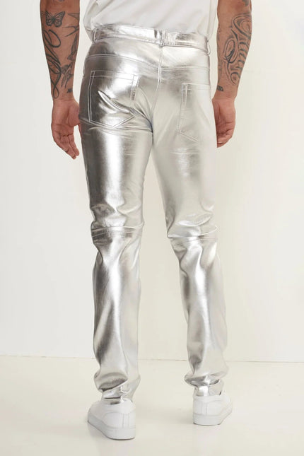 Men's Lambskin Leather Pants - Silver | Ron Tomson