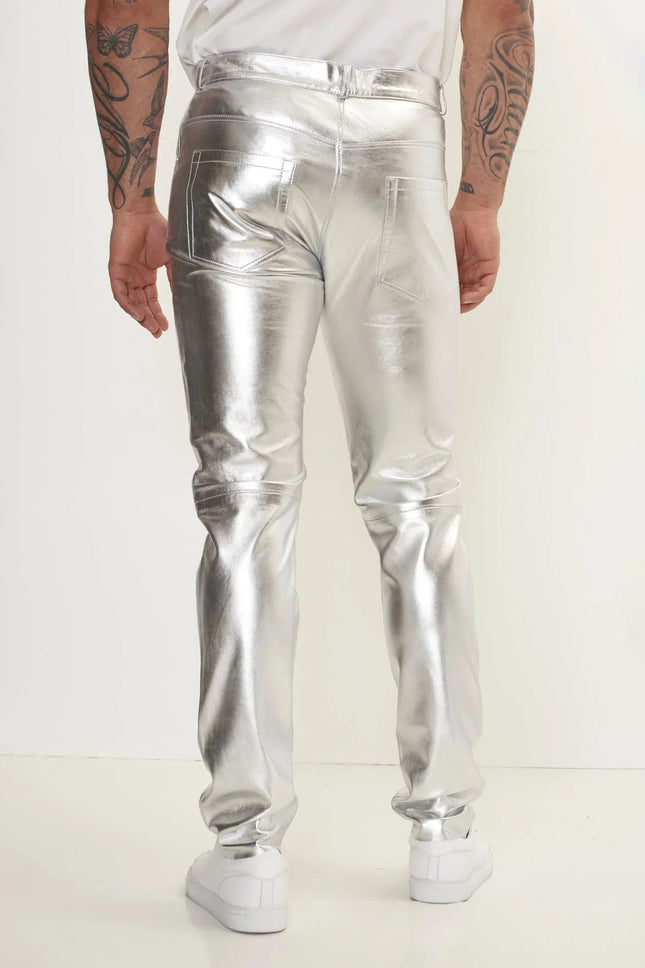 Men's Lambskin Leather Pants - Silver | Ron Tomson
