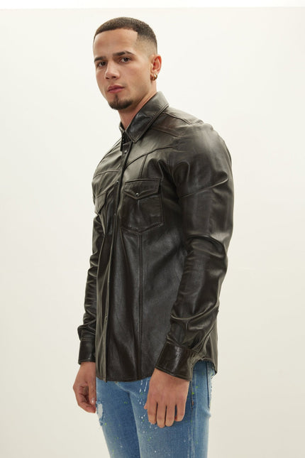 Men's Western Lambskin Leather Shirt - Dark Brown | Ron Tomson