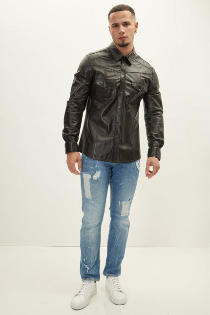 Men's Western Lambskin Leather Shirt - Dark Brown | Ron Tomson