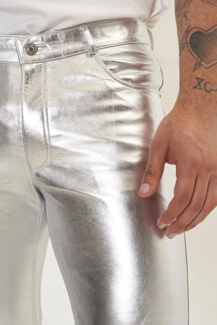Men's Lambskin Leather Pants - Silver | Ron Tomson