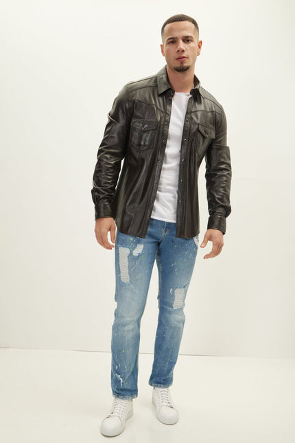 Men's Western Lambskin Leather Shirt - Dark Brown | Ron Tomson