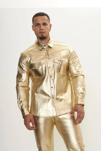 Men's Lambskin Leather Shirt - Gold | Ron Tomson