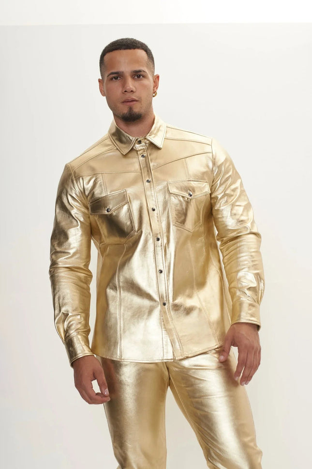 Men's Lambskin Leather Shirt - Gold | Ron Tomson