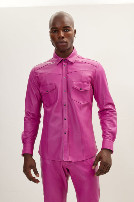 Men's Nappa Lambskin Leather Shirt - Fuchsia | Ron Tomson