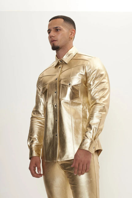 Men's Lambskin Leather Shirt - Gold | Ron Tomson