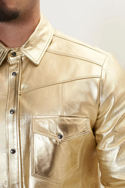 Men's Lambskin Leather Shirt - Gold | Ron Tomson