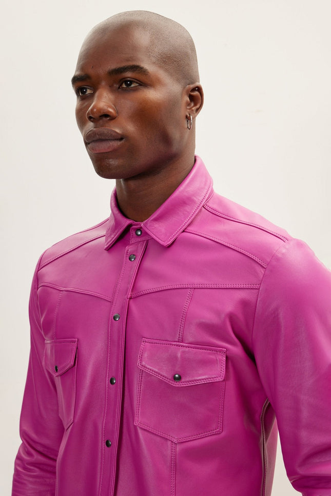 Men's Nappa Lambskin Leather Shirt - Fuchsia | Ron Tomson