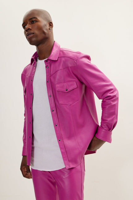 Men's Nappa Lambskin Leather Shirt - Fuchsia | Ron Tomson