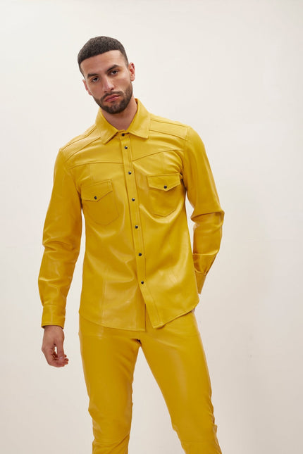 Men's Nappa Lambskin Leather Shirt - Yellow | Ron Tomson