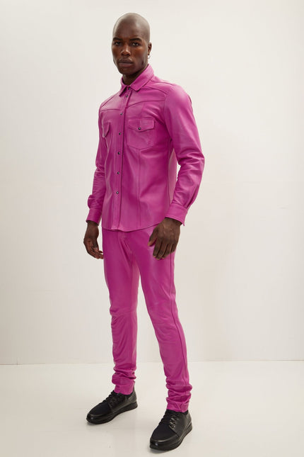 Men's Nappa Lambskin Leather Shirt - Fuchsia | Ron Tomson
