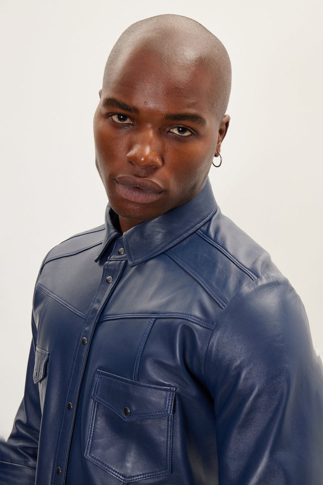 Men's Lambskin Leather Shirt - Navy | Ron Tomson