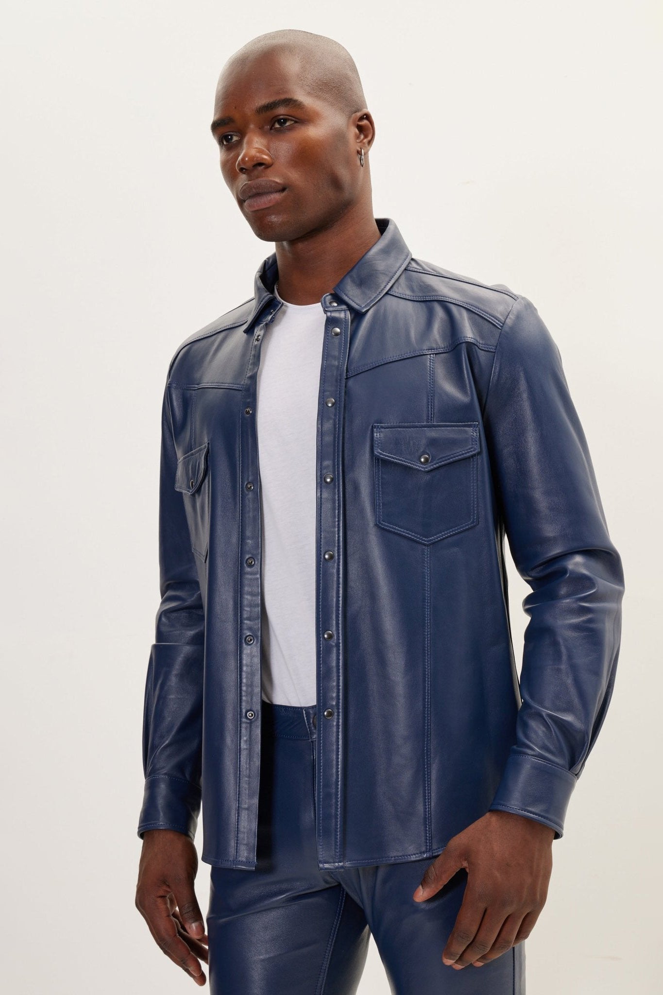 トップス SO by alexander van slobbe leather shirt Men's Lambskin Leather Shirt - Navy | Ron Tomson