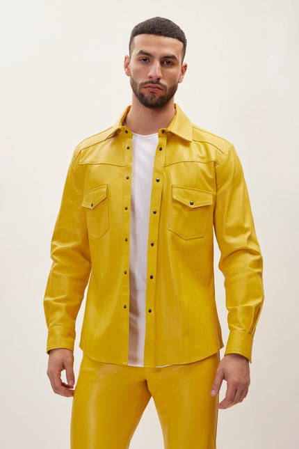 Men's Nappa Lambskin Leather Shirt - Yellow | Ron Tomson