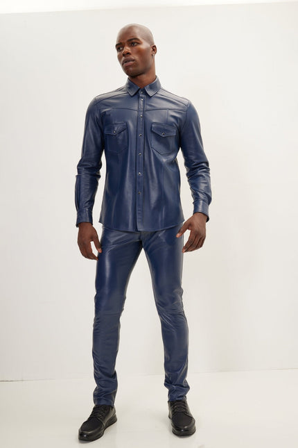 Men's Lambskin Leather Shirt - Navy | Ron Tomson