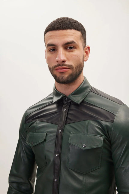 Men's Lambskin Leather Shirt - Green Black | Ron Tomson