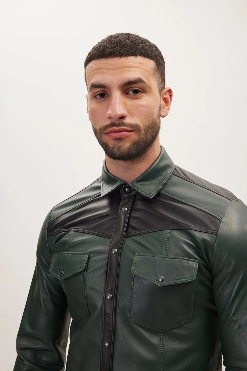 Men's Lambskin Leather Shirt - Green Black | Ron Tomson