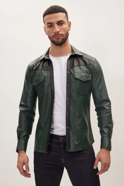 Men's Lambskin Leather Shirt - Green Black | Ron Tomson
