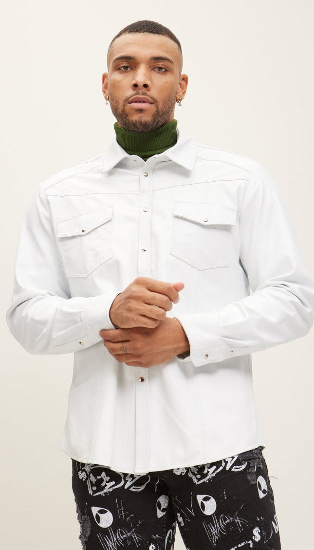 Men's Lambskin Leather Button-Down Shirt - White | Ron Tomson White / XL (42 US) Men's Lambskin Leather Button-Down Shirt - White | Ron Tomson White / XL (42 US)