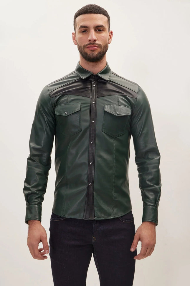 Men's Lambskin Leather Shirt - Green Black | Ron Tomson