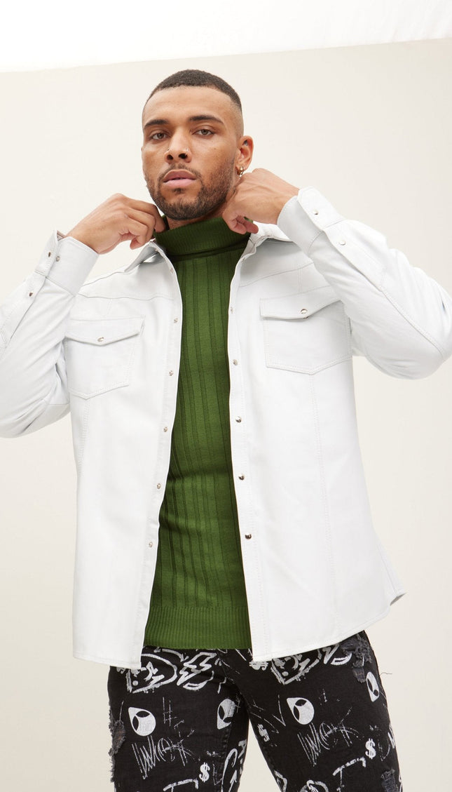 Men's Lambskin Leather Button-Down Shirt - White | Ron Tomson White / XL (42 US) Men's Lambskin Leather Button-Down Shirt - White | Ron Tomson White / XL (42 US)