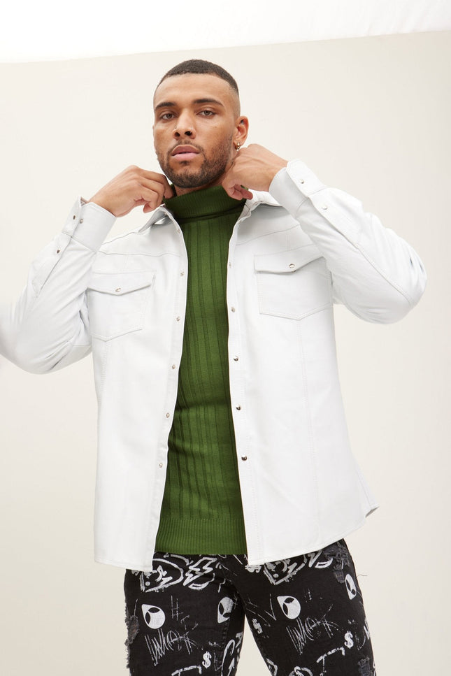Lambskin Leather Button-Down Shirt - White
